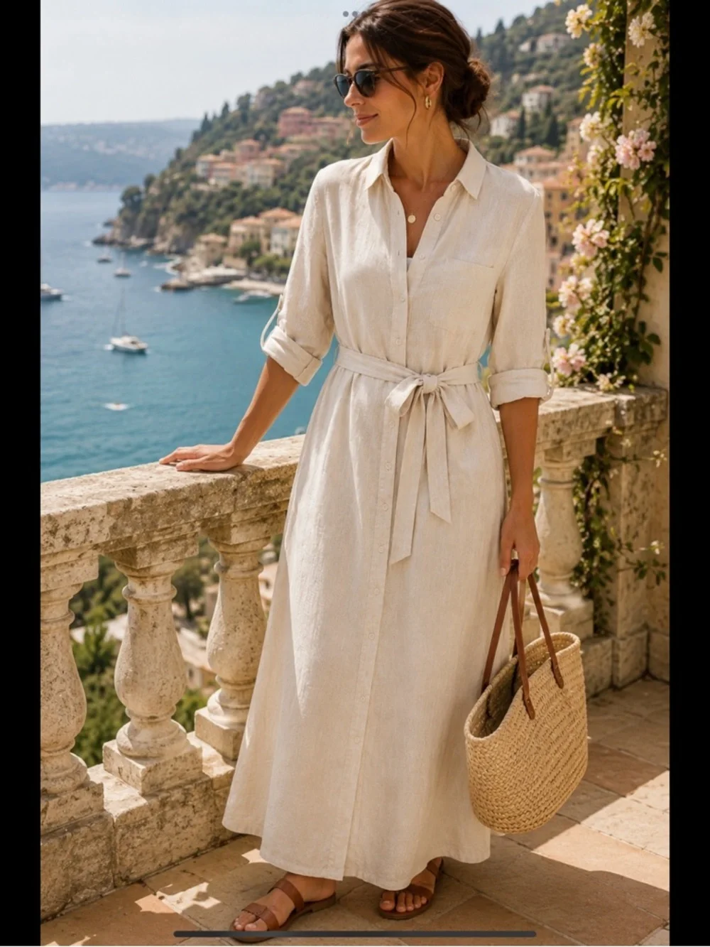 Natural Linen Coastal Maxi Shirtdress Belted Button Front Pockets S/P